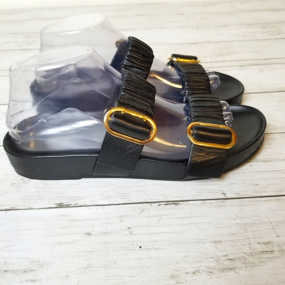 Stuart Weitzman Shoes - Stuart Weitzman Shalene Leather Black Ruched Strap Slide Sandals